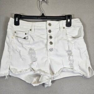 Indigo Rein Womens White Distressed Denim Shorts Button Fly Size 13/30 High Rise